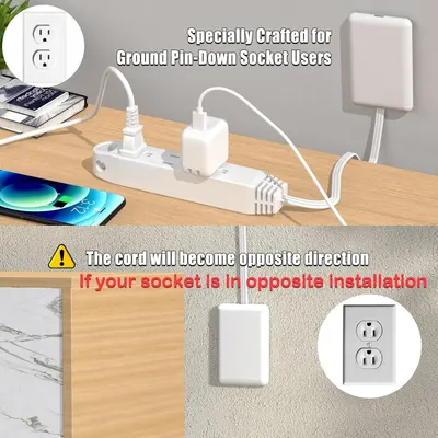 Explains how to properly use the product with ground pin-down socket configurations and warns about cord direction when the socket is installed in the opposite orientation. Demonstrates the product…