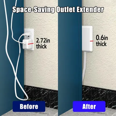 Demonstrates the transformation from a bulky outlet extender to a sleek, ultra-thin design that saves space and reduces wall protrusion. Highlights the specific thickness measurements (2.72in vs…