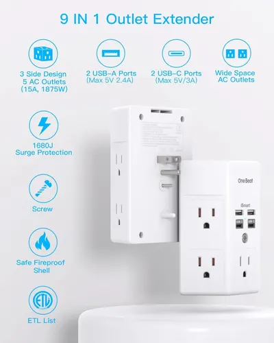 Communicates the comprehensive feature set of the outlet extender, highlighting multiple benefits including outlet/port variety, safety features, and certification to reassure shoppers of its…