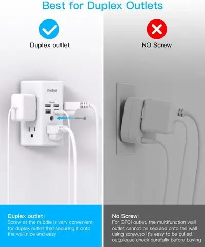 Demonstrates that this product is designed specifically for duplex outlets with a center screw for secure wall mounting, and warns shoppers that it will NOT work with screwless GFCI outlets.