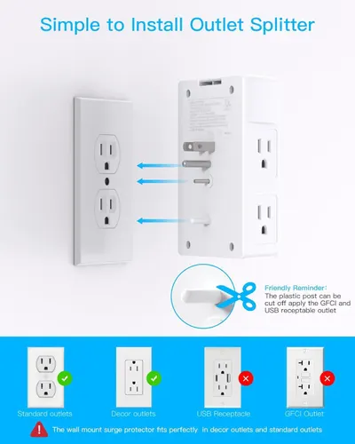Demonstrates how to install the outlet splitter onto a standard wall outlet, showing the simple installation process with arrows and a compatibility guide to reassure shoppers about ease of setup.…