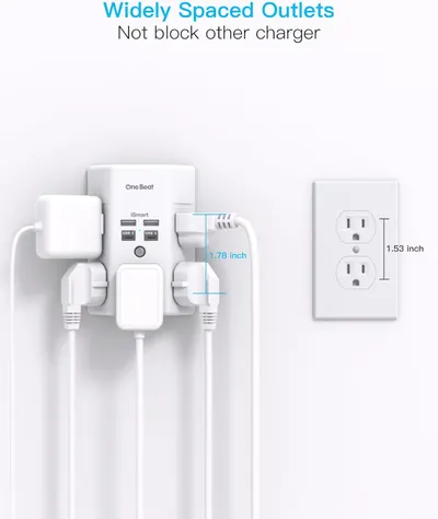 Demonstrates that the charger's compact design with widely spaced outlets prevents blocking adjacent outlets, solving a common frustration with bulky chargers.