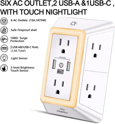 Communicates multiple key features and benefits of the outlet extender in a segmented layout with icons, reassuring shoppers of its safety, capacity, and smart lighting functionality.