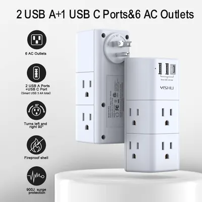 Communicates multiple key features and benefits of the power strip in a visually segmented layout with icons and callouts, helping shoppers quickly understand the product's versatility, safety…