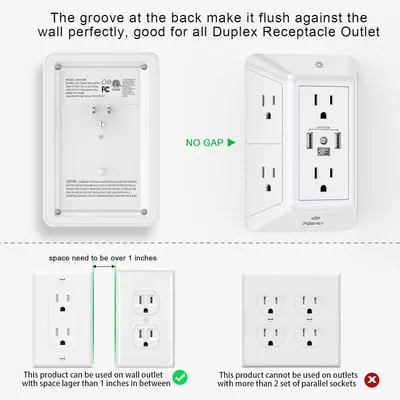 Demonstrates which types of wall outlets the product is compatible with and which configurations it cannot be used with, helping shoppers understand installation requirements and limitations.
