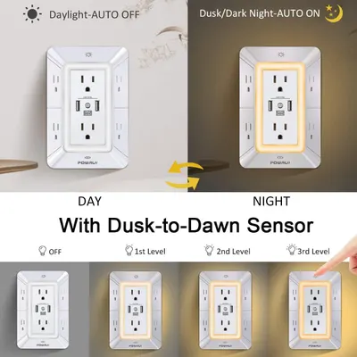 Demonstrates how the outlet's automatic light sensor works, turning on at night and off during the day, and shows the three adjustable brightness levels available to the user. Highlights multiple…