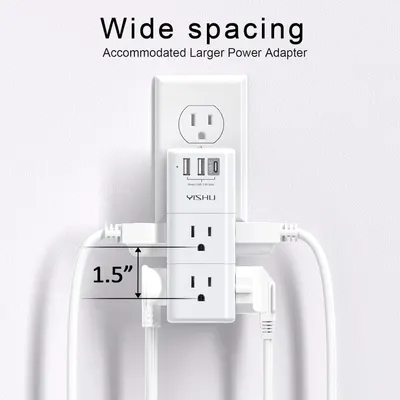 Demonstrates that the power adapter has 1.5-inch spacing between outlets to accommodate larger power adapters without blocking adjacent outlets. Highlights the key benefit that the wide spacing…