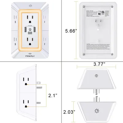 Communicates the exact physical dimensions of the wall outlet adapter from multiple angles (height, width, depth) to help shoppers understand how much space it will occupy and ensure it fits their…