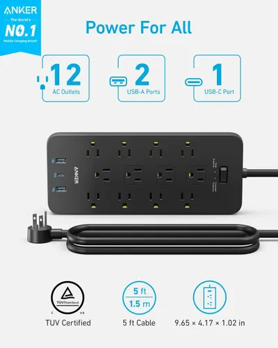 Communicates the product's multiple charging capabilities, safety certification, cable length, and physical dimensions to show versatility and comprehensive power solution for all devices.