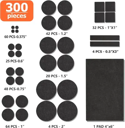 Shows the complete contents of the furniture pad kit, displaying all 300 pieces in various sizes and shapes to help shoppers understand the variety and quantity they will receive.