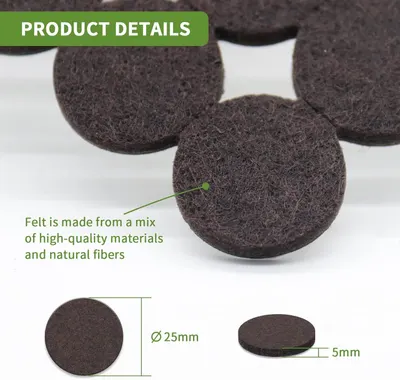 This image breaks down the physical composition and exact dimensions of the felt pads to help shoppers understand the material quality and size specifications of the product. Communicates the…