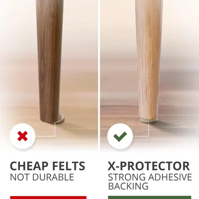 Demonstrates the superiority of the X-Protector brand over cheap felt alternatives by showing that cheap felts are not durable while X-Protector offers strong adhesive backing for furniture…