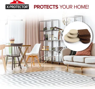 Demonstrates multiple use cases for the furniture pads throughout the home, showing how they protect floors from chairs, shelving units, and sofas to reassure shoppers of the product's versatility.