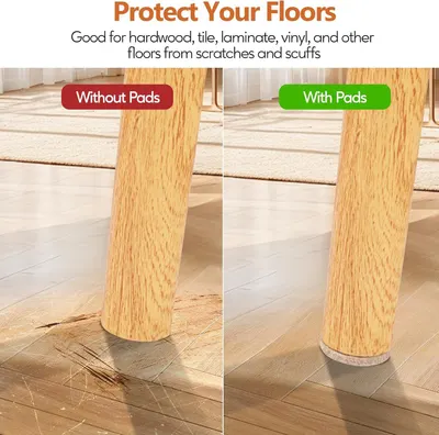 Demonstrates the effectiveness of furniture pads by showing visible floor damage without pads versus protected floors with pads, reassuring shoppers that the product prevents scratches and scuffs.