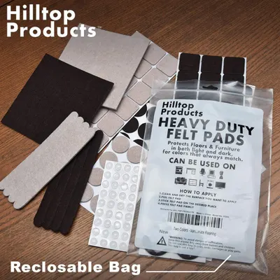 Shows all the felt pad shapes, sizes, and colors included in the package, helping shoppers understand the variety and quantity they will receive. Highlights the reclosable bag feature for easy…
