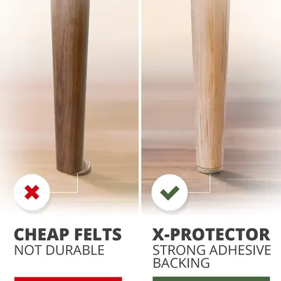 Demonstrates the superiority of X-Protector furniture pads over cheap felt alternatives by showing that cheap felts are not durable while X-Protector has strong adhesive backing that stays in place.