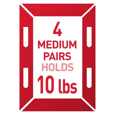 Communicates the product's capacity by showing that 4 medium pairs can hold 10 lbs, reassuring shoppers about the product's strength and storage capability.