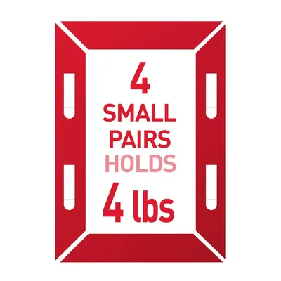 Communicates the product's holding capacity by showing that 4 small pairs can hold 4 lbs, reassuring shoppers about the product's strength and utility.