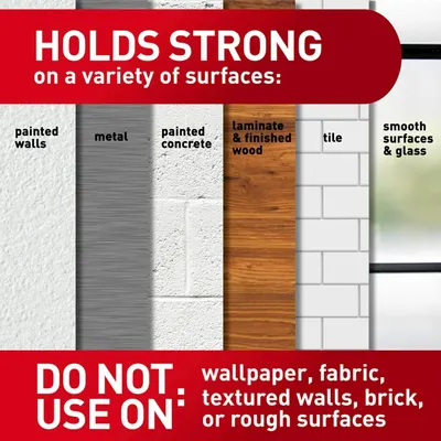 Demonstrates the variety of surfaces where the product holds strong (painted walls, metal, concrete, wood, tile, glass) while also clarifying surfaces to avoid, helping shoppers understand where the…