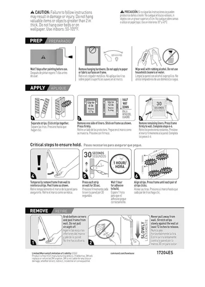 Provides detailed step-by-step instructions for preparing, applying, and removing the product (likely picture hanging strips or frame mounting system) to ensure proper installation and safe removal.