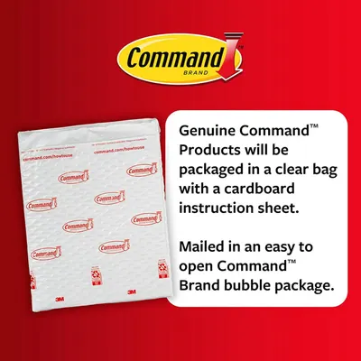 Educates shoppers on how to identify genuine Command products by showing the authentic packaging format (clear bag with cardboard instruction sheet and bubble mailer), building trust and preventing…