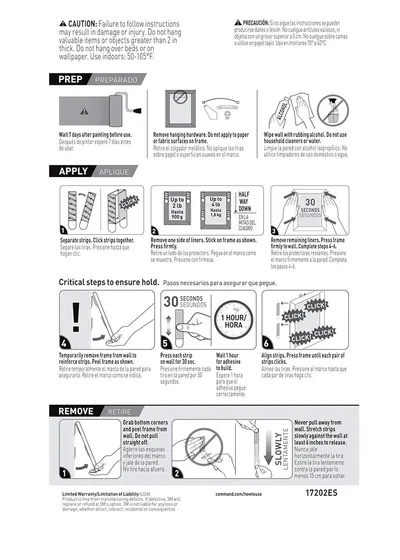 Provides detailed step-by-step instructions for preparing, applying, and removing the product (likely picture hanging strips or wall mounting system) to ensure proper installation and safe removal.