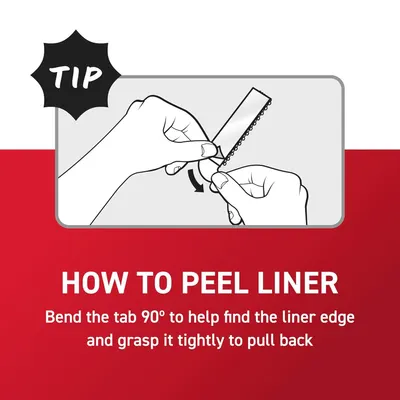 Instructs shoppers on the proper technique to peel the liner from the product by bending the tab 90 degrees, making the product easier to use and reducing frustration.