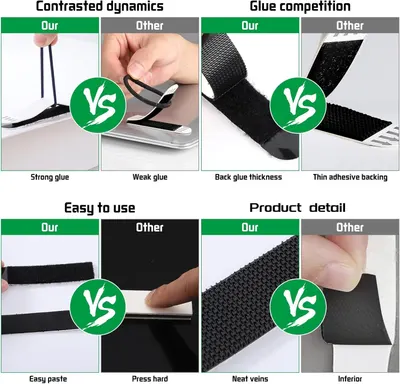 This image demonstrates the superiority of the brand's product over competing products across four key dimensions: adhesive strength, backing thickness, ease of application, and material quality. It…