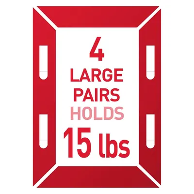 Communicates the product's capacity by showing it can hold 4 large pairs totaling 15 lbs, reassuring shoppers about its strength and storage capability. Shows the customer receives 4 large pairs in…