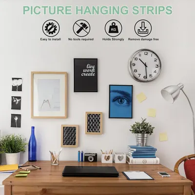 Communicates multiple key benefits of the picture hanging strips in a segmented icon layout, reassuring shoppers that the product is easy to use, strong, and won't damage walls.