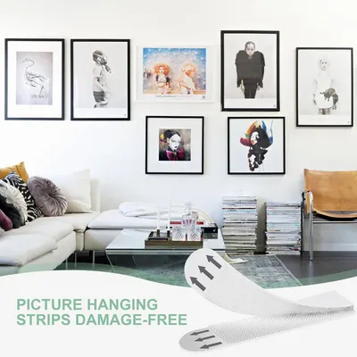 Communicates that the picture hanging strips allow customers to hang frames without damaging walls, providing a safe and convenient solution for home decor.