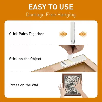 Demonstrates the simple 3-step installation process for damage-free hanging, reassuring shoppers that the product is easy to use and won't harm walls. Highlights the ease of use and damage-free…