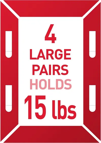 Communicates the product's impressive capacity by highlighting that 4 large pairs can hold 15 lbs, reassuring shoppers of its strength and storage capability.