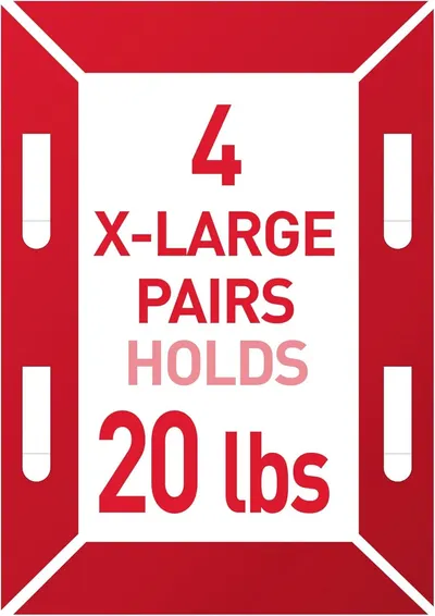 Communicates the product's impressive weight capacity of 20 lbs across 4 X-Large pairs, reassuring shoppers of its strength and storage capability.