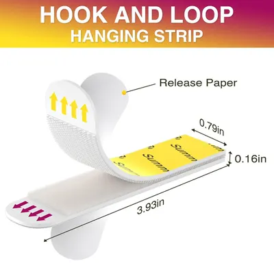 This image breaks down the physical components of the hanging strip, showing the hook and loop mechanism, release paper, and exact dimensions to help shoppers understand how the product is…