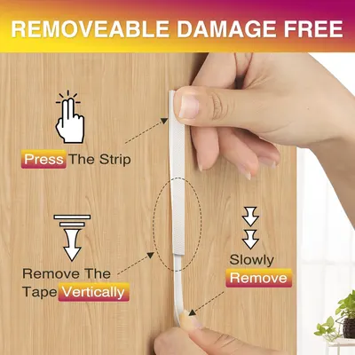 Demonstrates the step-by-step process for removing the adhesive strip without damaging surfaces, reassuring shoppers that the product is safe for walls and furniture. Highlights the key benefit that…