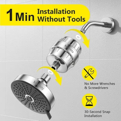 Demonstrates the simple, tool-free installation process of the shower head filter, reassuring shoppers that setup takes only 1 minute without wrenches or screwdrivers. Highlights the product's…