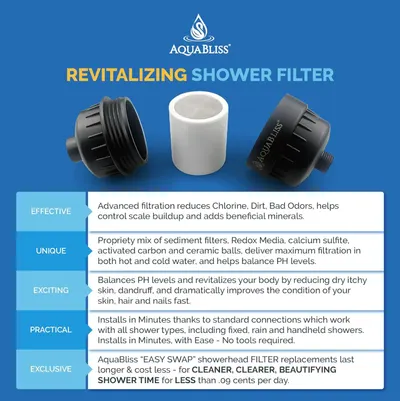Communicates multiple distinct benefits of the shower filter system through a segmented layout, highlighting effectiveness, uniqueness, health benefits, ease of installation, and cost savings to…