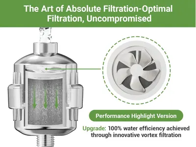 This image uses a cutaway view with arrows and a zoomed callout to explain the internal filtration mechanism, showing how water flows through the vortex filter and highlighting the fan component…
