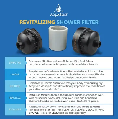 Communicates multiple distinct benefits of the shower filter system through a segmented layout, highlighting effectiveness, uniqueness, health benefits, ease of installation, and cost savings to…