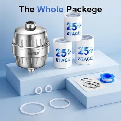 Shows everything included in the package to reassure shoppers they receive a complete shower filter system with multiple replacement filters, gaskets, tape, and instructions.