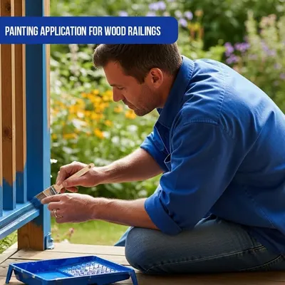 Demonstrates a specific use case for the product, showing how it can be applied to paint wood railings in an outdoor setting.