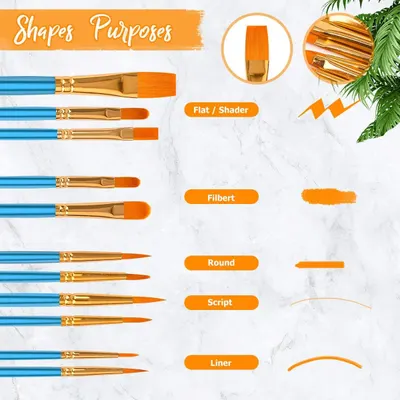 This image breaks down the different brush shapes included in the set and explains their specific purposes, helping shoppers understand which brush to use for different painting techniques.