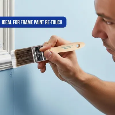Demonstrates a specific use case for the paintbrush, showing shoppers that it is ideal for precision work like touching up frame paint. Communicates that the brush is well-suited for detailed,…