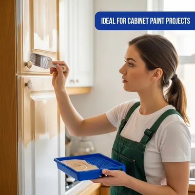 Demonstrates a specific use case for the product, showing it is ideal for cabinet paint projects to help shoppers understand where and how to use it.
