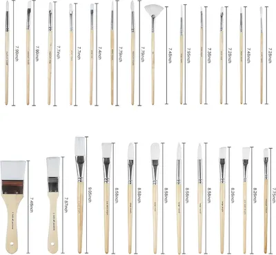 Shows the exact physical length of each brush in the set with measurement arrows, helping shoppers understand the size and scale of each tool. Displays all the individual brushes included in the set…