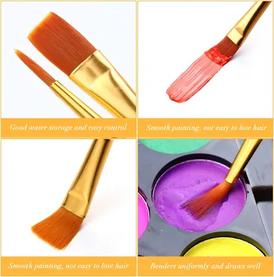 Highlights the physical features and construction quality of the paint brushes, showing close-up details of bristles, ferrule, and handle to demonstrate superior craftsmanship and functional design.…