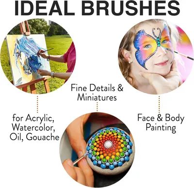 Demonstrates the versatility of the brushes by showing three distinct creative applications—canvas painting, face painting, and detailed miniature work—to reassure shoppers that the product works…