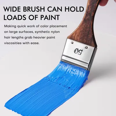 Highlights the brush's wide design and ability to hold large amounts of paint, emphasizing efficiency and speed for painting large surfaces.
