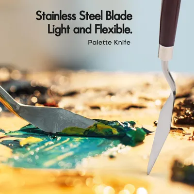 Highlights the palette knife's stainless steel construction and its key benefits of being light and flexible, reassuring artists and bakers of its quality and ease of use.